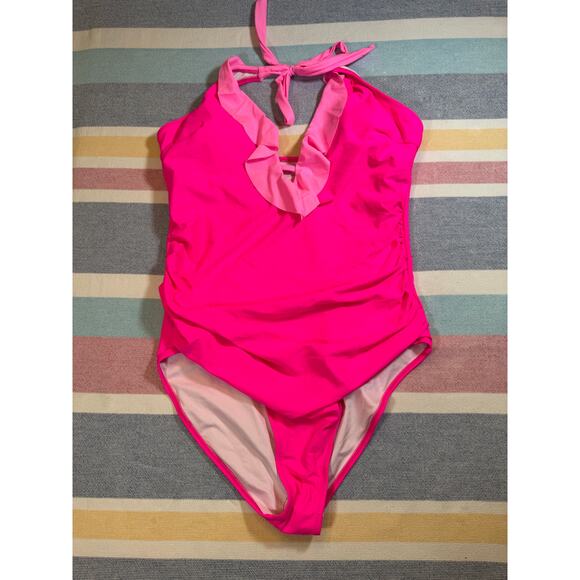 NWOT Hot Pink Ruffle One-Piece Swimsuit - XL - Halter Top - Picture 1 of 6